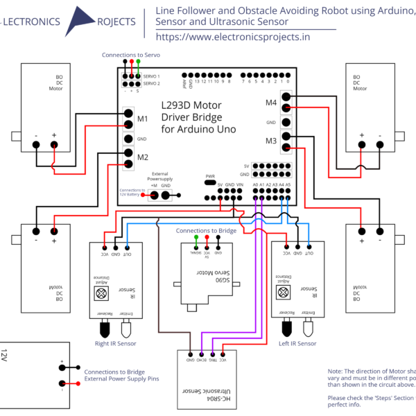 Line Follower and Obstacle Avoiding Robot using Arduino, IR Sensor and Ultrasonic Sensor