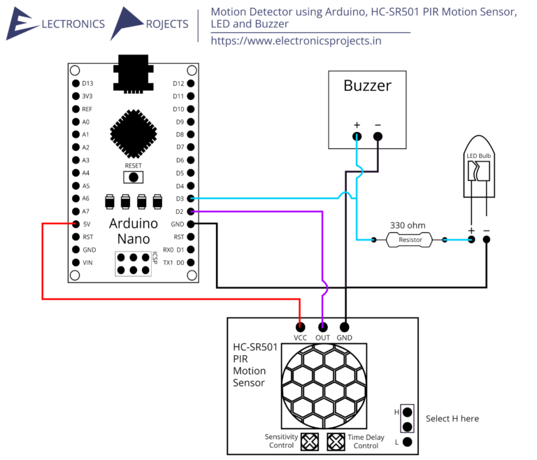 Motion Detector Using Arduino Hc Sr501 Pir Motion Sensor Led And Buzzer Electronics Projects